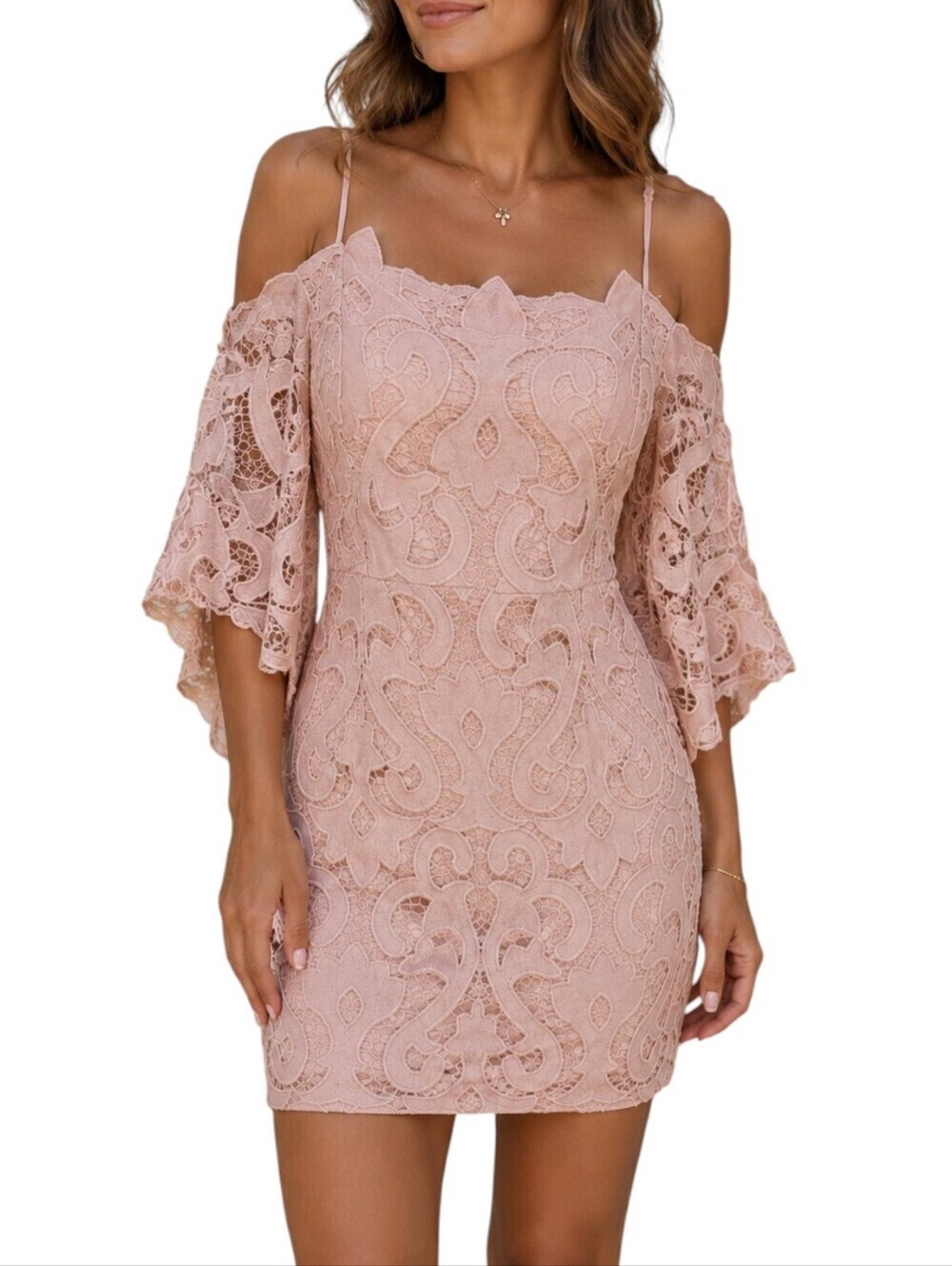Bardot Dusty Pink Rose Lina Lace Cold Shoulder Cocktail Dress